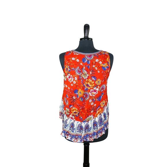 Patrons Of Peace Boho Top Embroidered Floral Hi Low Ruffle Sleeveless - Picture 3 of 5